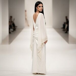 Niki Livas White CoIlection Ivory Satin Cape Sleeve Gown Cowl Neck Ruched Back